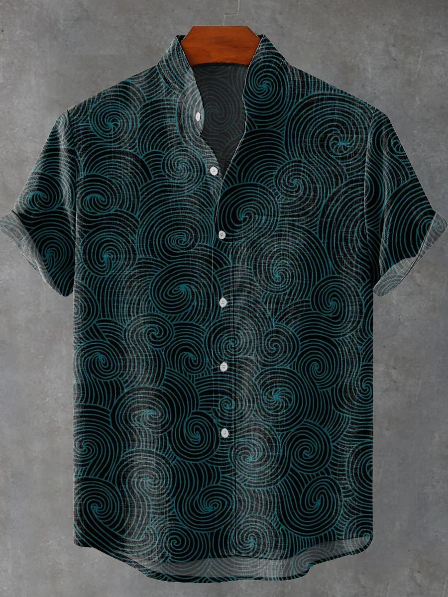 New men's artistic print, simple pattern, high-quality men's clothing, casual linen short-sleeved shirt, fast delivery