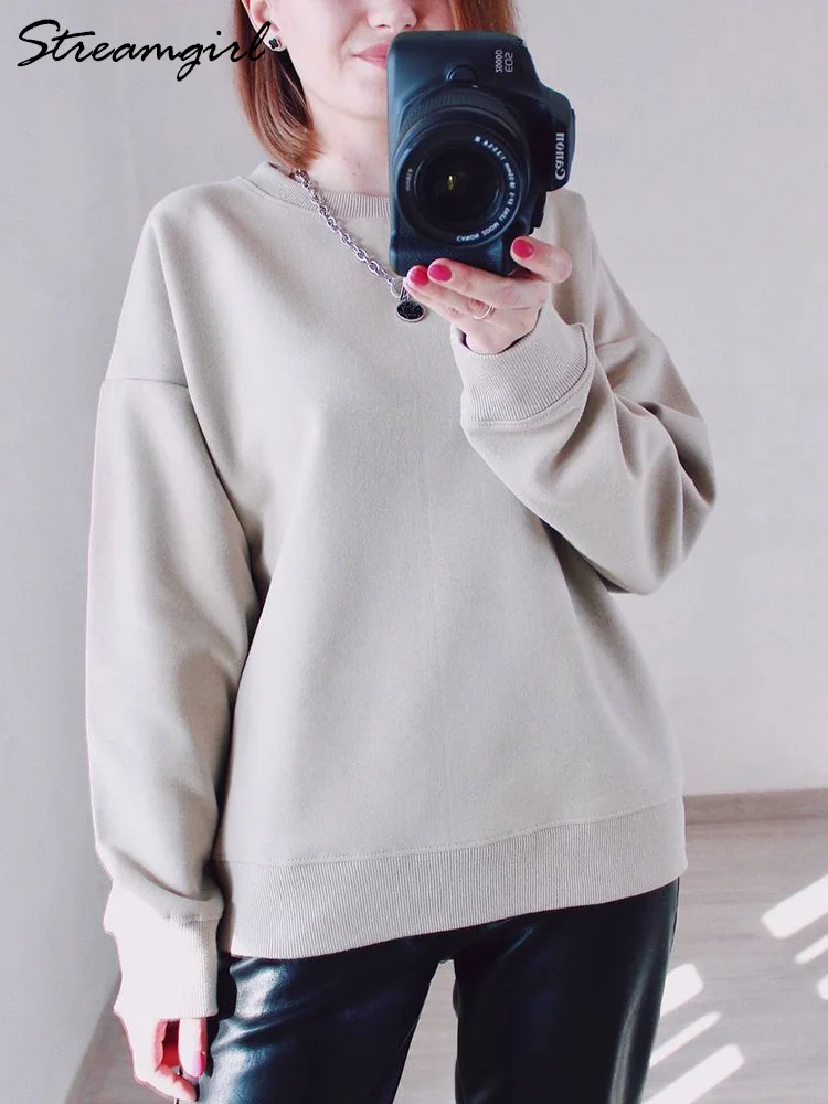 오버사이즈 블루 코튼 스웨트 셔츠, O넥, 루즈 풀오버, 긴팔 탑, 단색, 오버사이즈 그린 맨투맨, 2024