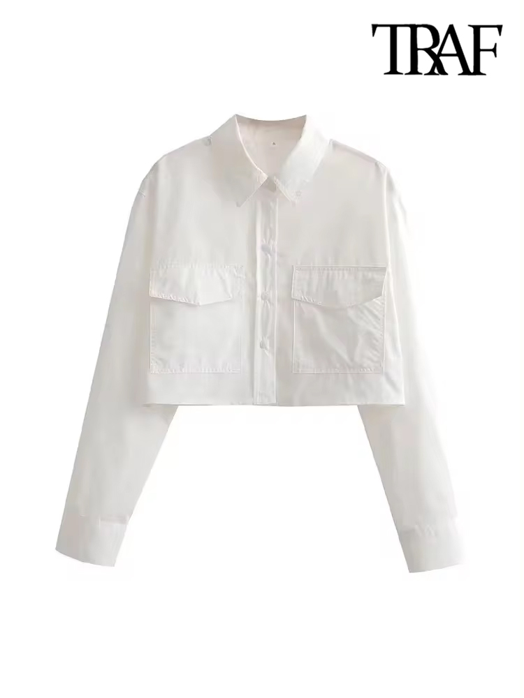 ONKOGENE Frauen Mode Mit Taschen Lose Gestellte Popeline Shirts Vintage Langarm Button-up Weibliche Blusen Blusas Chic Tops