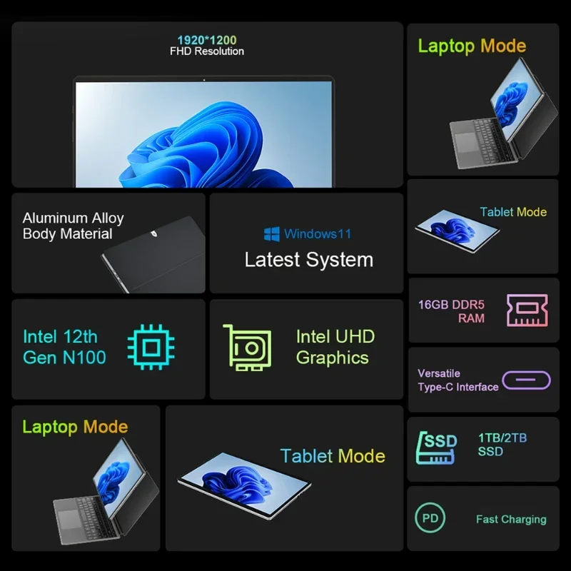 YYHC 2 em 1 laptop processador N100 14 Polegada tela sensível ao toque IPS LCD 16GB Win 11 Tablet Pc portátil notebook computador