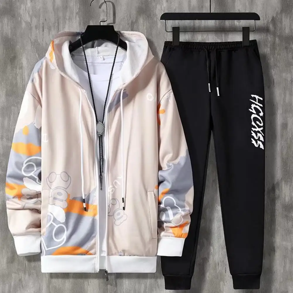 ชุด2ชิ้น/เซ็ตสำหรับผู้ชายเสื้อโค้ทกางเกงใส่วิ่งมีฮู้ดพิมพ์ลายตัวอักษรชุดออกกำลังกายทรงหลวมฮิปฮอปข้อเท้า