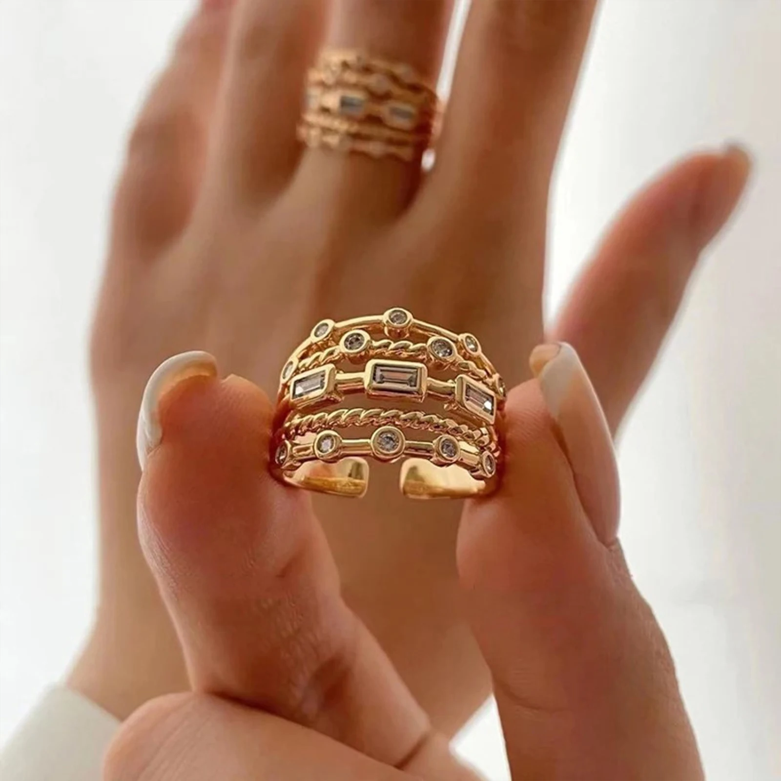 Nwe – bagues de soleil plaquées or 18 carats pour femmes, pierre naturelle incrustée de Texture métallique creuse, bijoux tendance