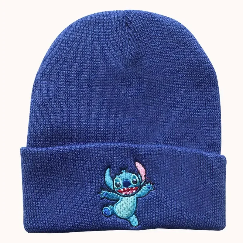 Disney Stitch Skullies การ์ตูนอะนิเมะหมวกหมวกผู้หญิงฤดูใบไม้ร่วงฤดูหนาว Windproof อบอุ่นถักหมวกนักเรียนปักหมวกยืดหยุ่น