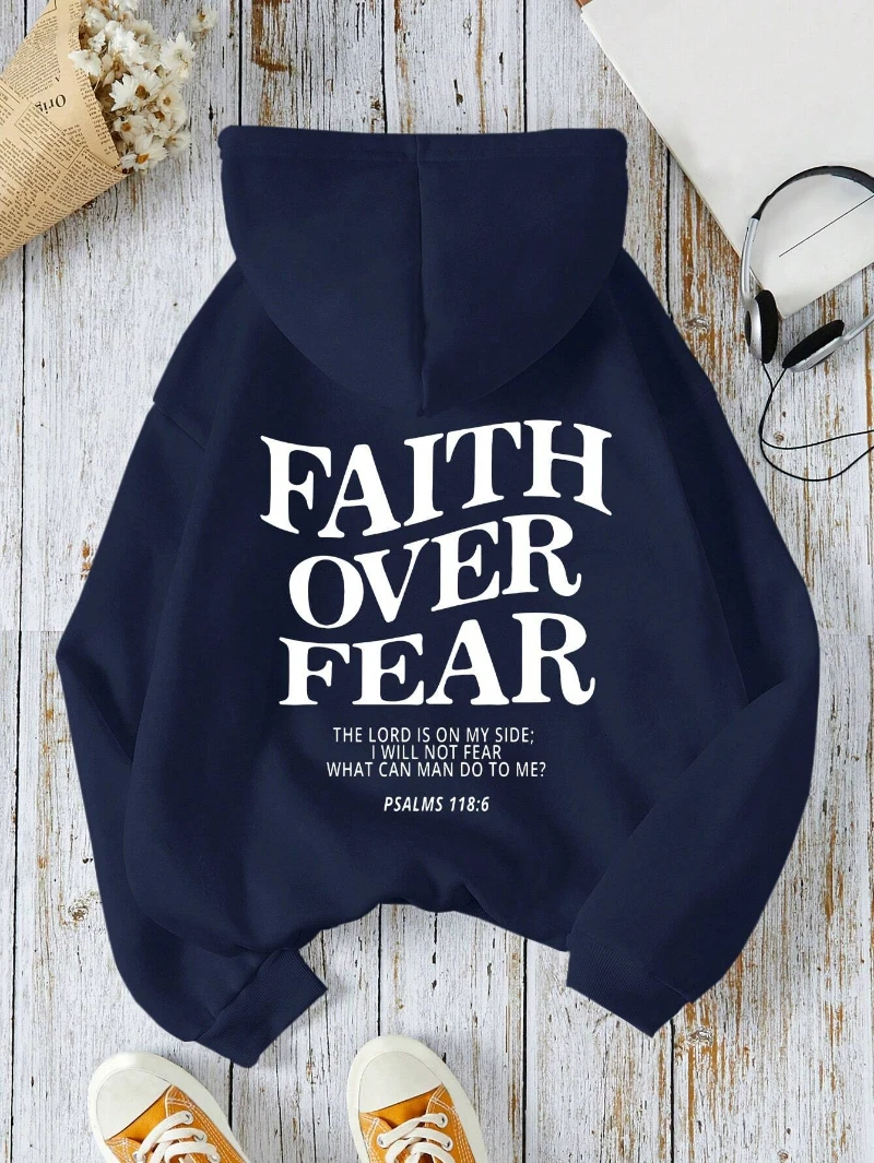 Sudaderas con capucha informales Faith Over Fear para mujer, sudaderas con estampado de letras, jerséis de bolsillo cómodos y cálidos de lana, ropa de calle de otoño