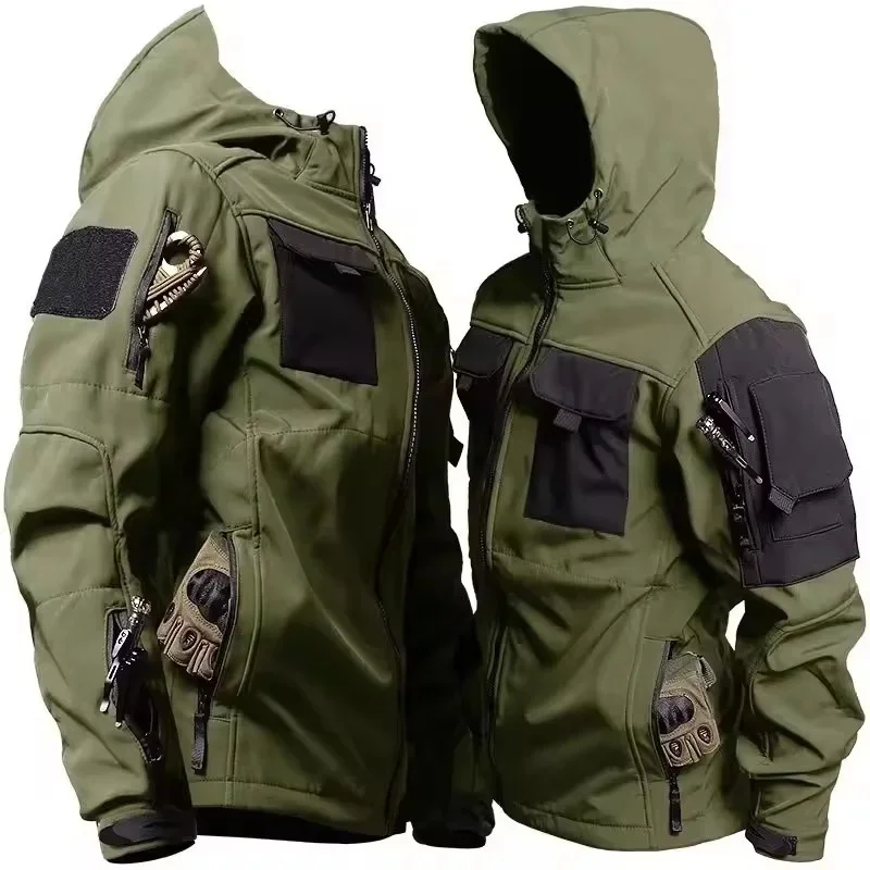 Novo outono inverno jaquetas táticas dos homens militar casca macia impermeável à prova de vento com capuz jaqueta ao ar livre funcional multi-bolsos
