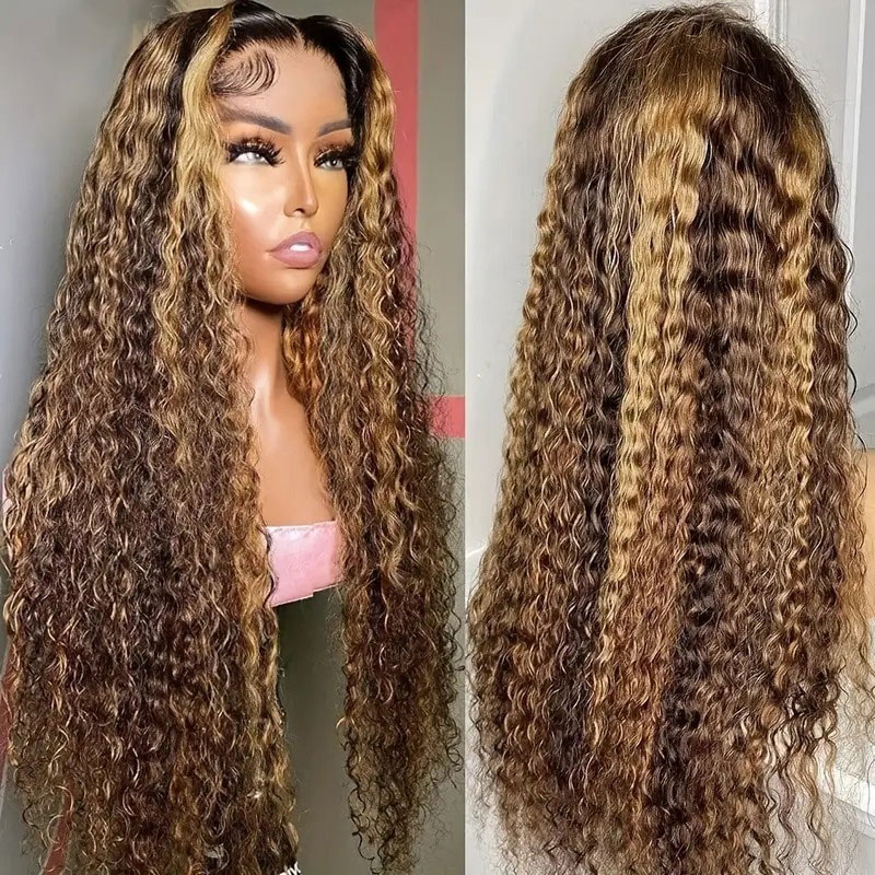 Highlightน้ําผึ้งสีบลอนด์Water Waveลูกไม้ด้านหน้าด้านหน้ามนุษย์Wigs 13X4 โปร่งใสลูกไม้ด้านหน้าวิกผมDeep Curly Ombre 4/27 วิกผมลูกไม้