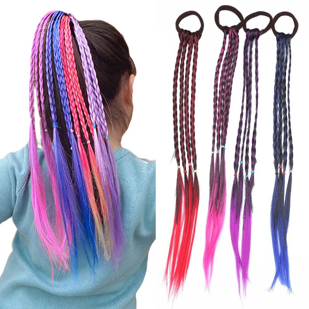 Extensiones de cabello con trenzas coloridas sintéticas para niñas con bandas de goma, postizos de cola de caballo trenzados de arcoíris para niños, accesorios para el cabello