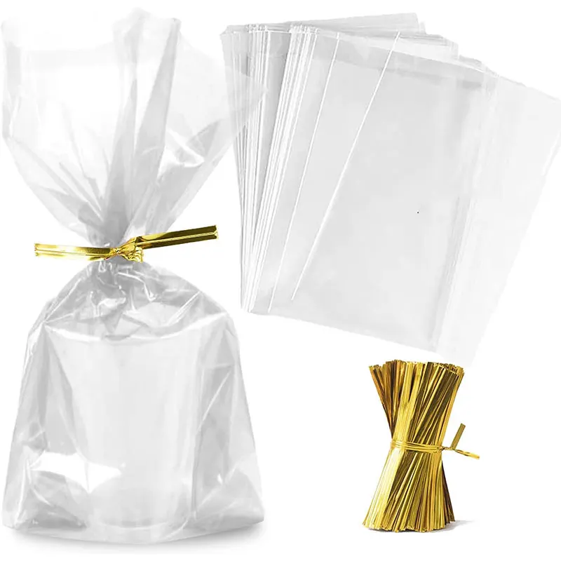 30/50/100 Uds bolsas de regalo de celofán transparente, embalaje de plástico con lazos torcidos, bolsas transparentes de recuerdo de fiesta Ideal para galletas, dulces