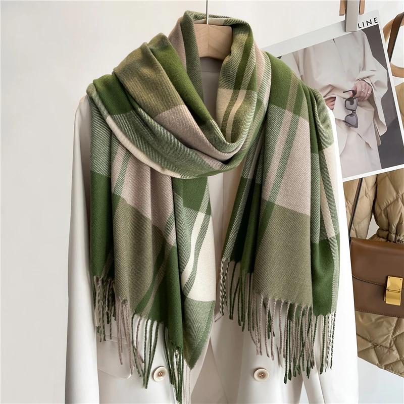 Cobertor de caxemira quente feminino viagem inverno cachecol moda xadrez pashmina xale grosso envolve com borla casual bufanda poncho novo