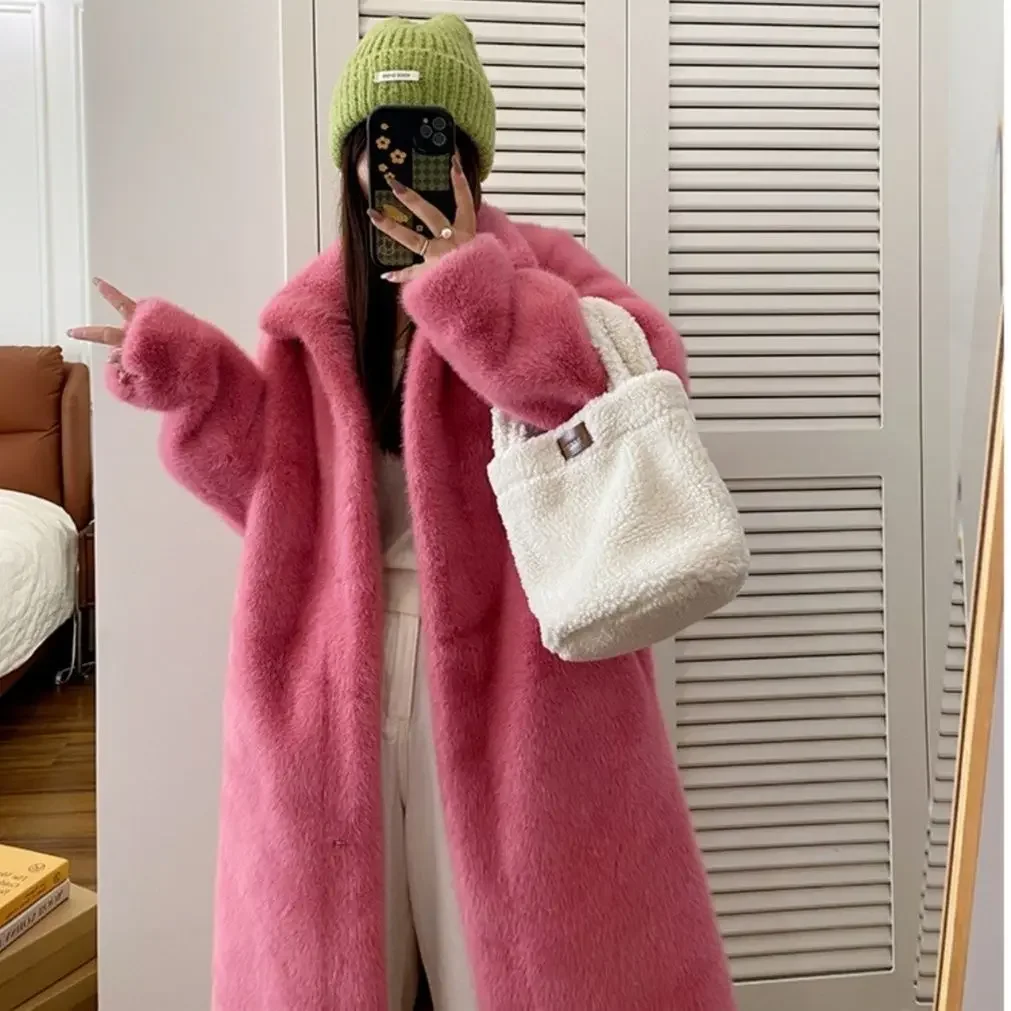 Frauen Rosa Dicke Faux Pelz Jacke Colorblock Herbst Winter Maxi Mantel Lange Warme Luxus Gürtel Pelz Parkas Bontjas Pelzigen Oberbekleidung