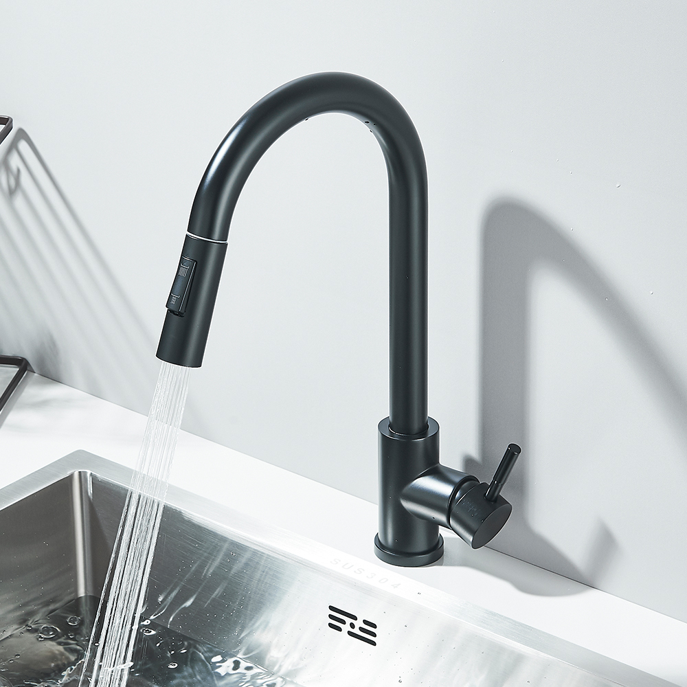 Robinet de cuisine noir flexible à nervures, buse à 2 modes, eau chaude et froide, pulvérisateur monté sur le pont du centre commercial, flux SUS 304 F/05 ets