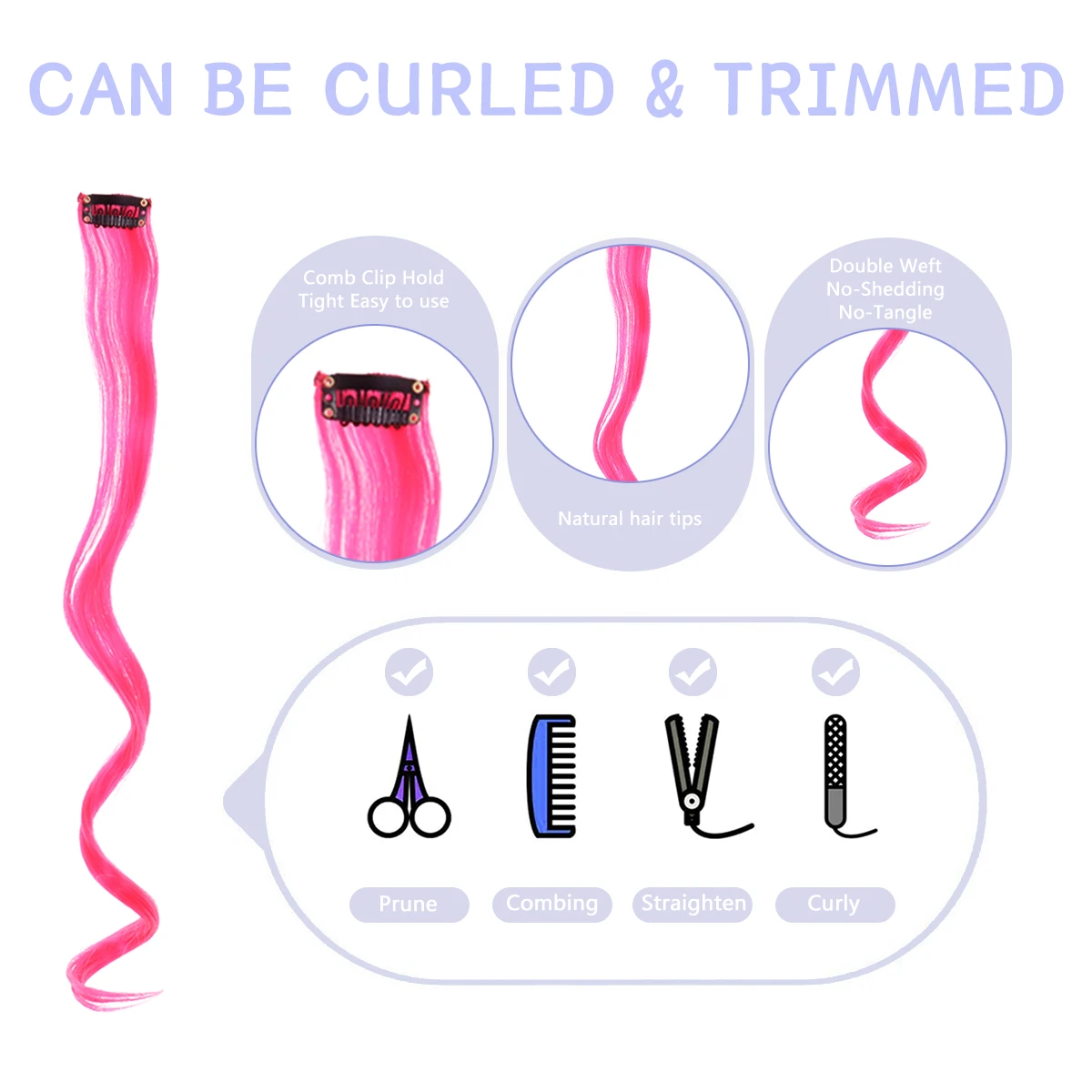 Extensões de cabelo sintético com um clipe, resistente ao calor, arco-íris, peça de cabelo para crianças, mulheres, longo, encaracolado, estilo ondulado, colorido, 10 peças