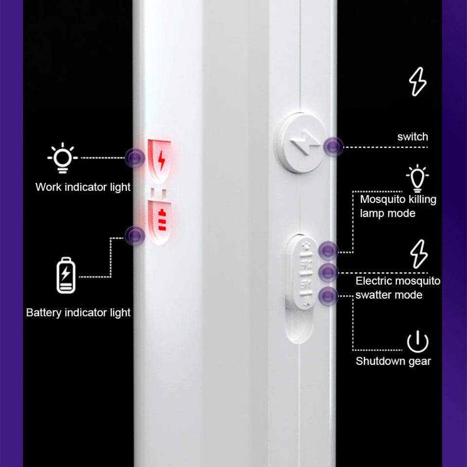 Handheld Electric Fly Swatter, Bug Zapper Racket, 2 in 1, USB Rechargeable, Mosquito Killer Lamp, Pest Control, 3000V