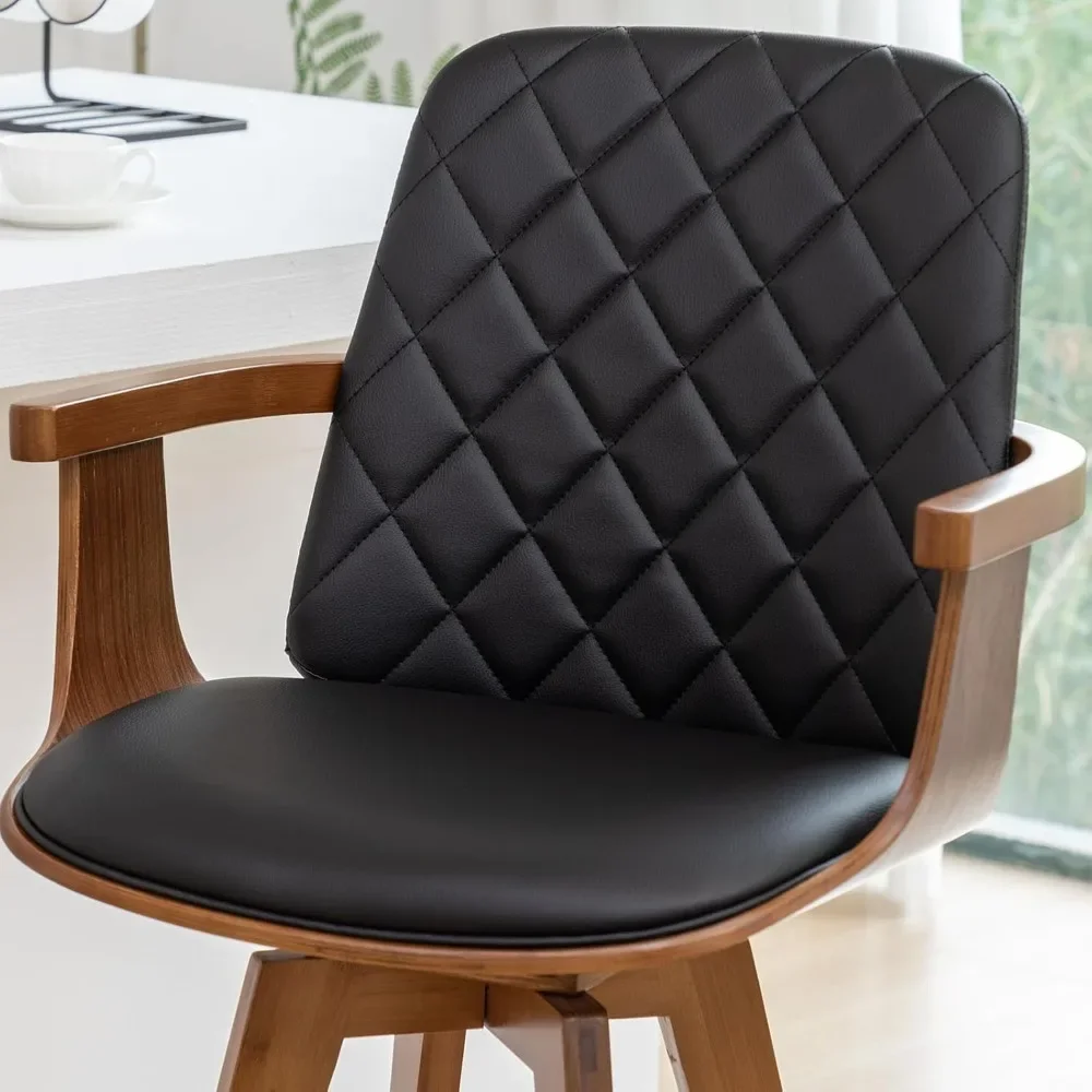 Set of 2 Bar Height Stools – 30" Swivel with Curved Back & Arms, Walnut Frame, Upholstered Seat for Kitchen or Bar Use