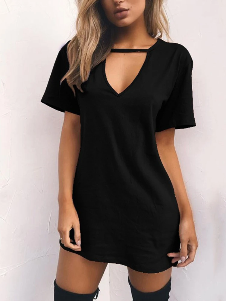 Sexy Elegantes Kleid Wrap Tiefem V-ausschnitt Cut Out Lose Kleid Frauen Einfarbig Kurzarm Mini Kleid Club Party Vestidos
