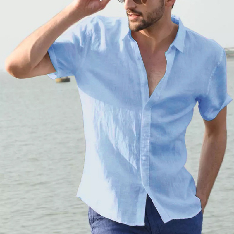 Camicia casual a maniche corte da uomo Street Wear Camicia con bottoni in cotone e lino tinta unita per uomo Camicetta da vacanza vintage M-3XL