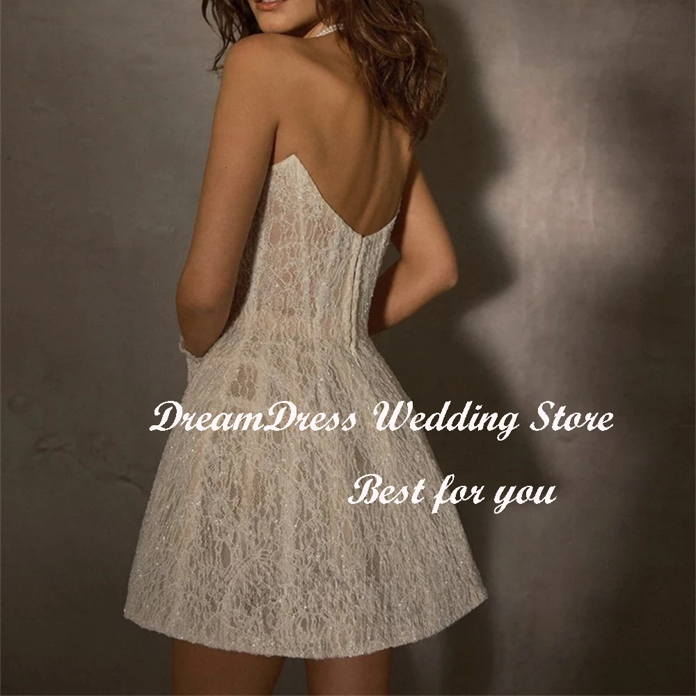 DREAM ที่กําหนดเองภาพลวงตา Strapless สั้นมินิชุดแต่งงานสายลูกไม้ประดับด้วยเลื่อมชุดเจ้าสาว Bohemian Custom Made