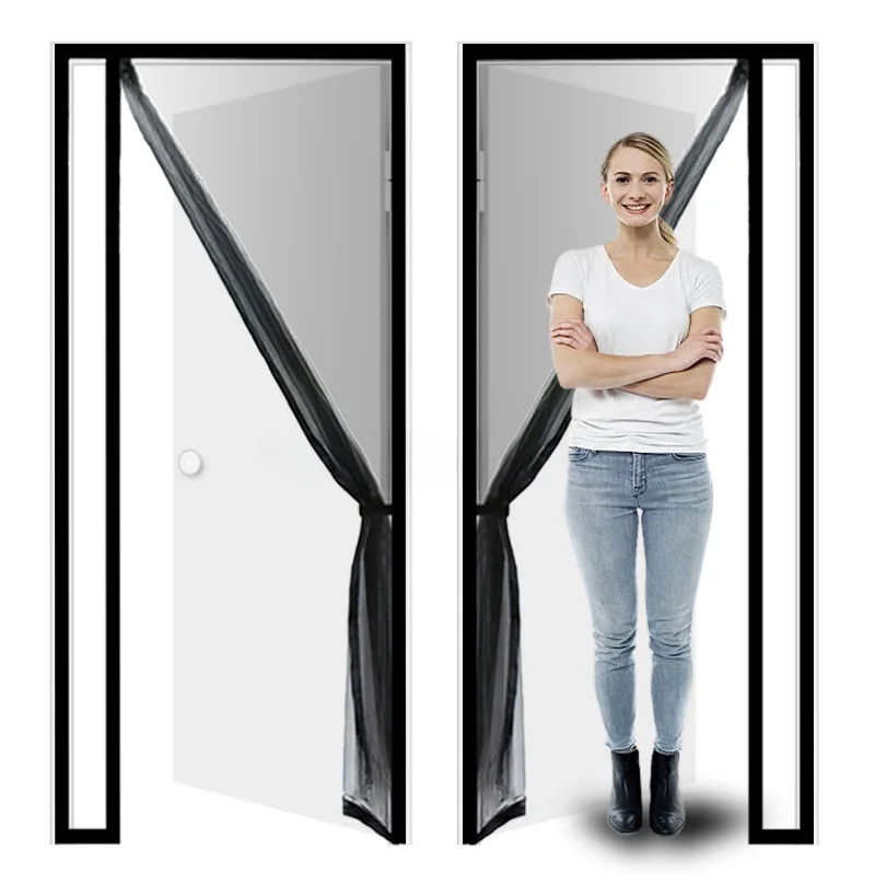 Mosquitera con pantalla de puerta magnética, cortina de tamaño personalizado negra abierta lateral, malla Invisible antimosquitos para interiores de verano