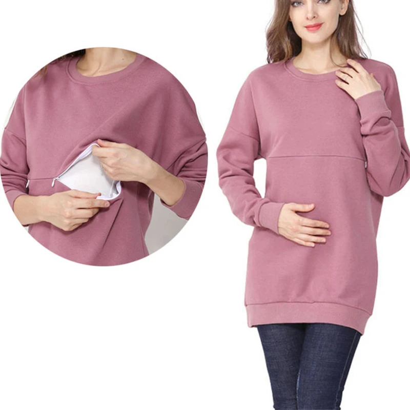 Sudadera de maternidad para lactancia, 100% de algodón, ropa de maternidad de invierno, camiseta, Tops de lactancia, suéter con capucha para mujeres embarazadas