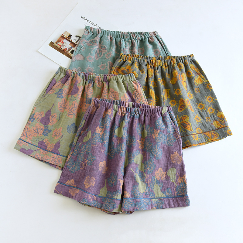 2025 japanische Sommer Neue frauen Shorts 100 % Baumwolle Vintage Garn Weben Gedruckt Nachtwäsche Dünne Lose Tasche Shorts Hause Hosen