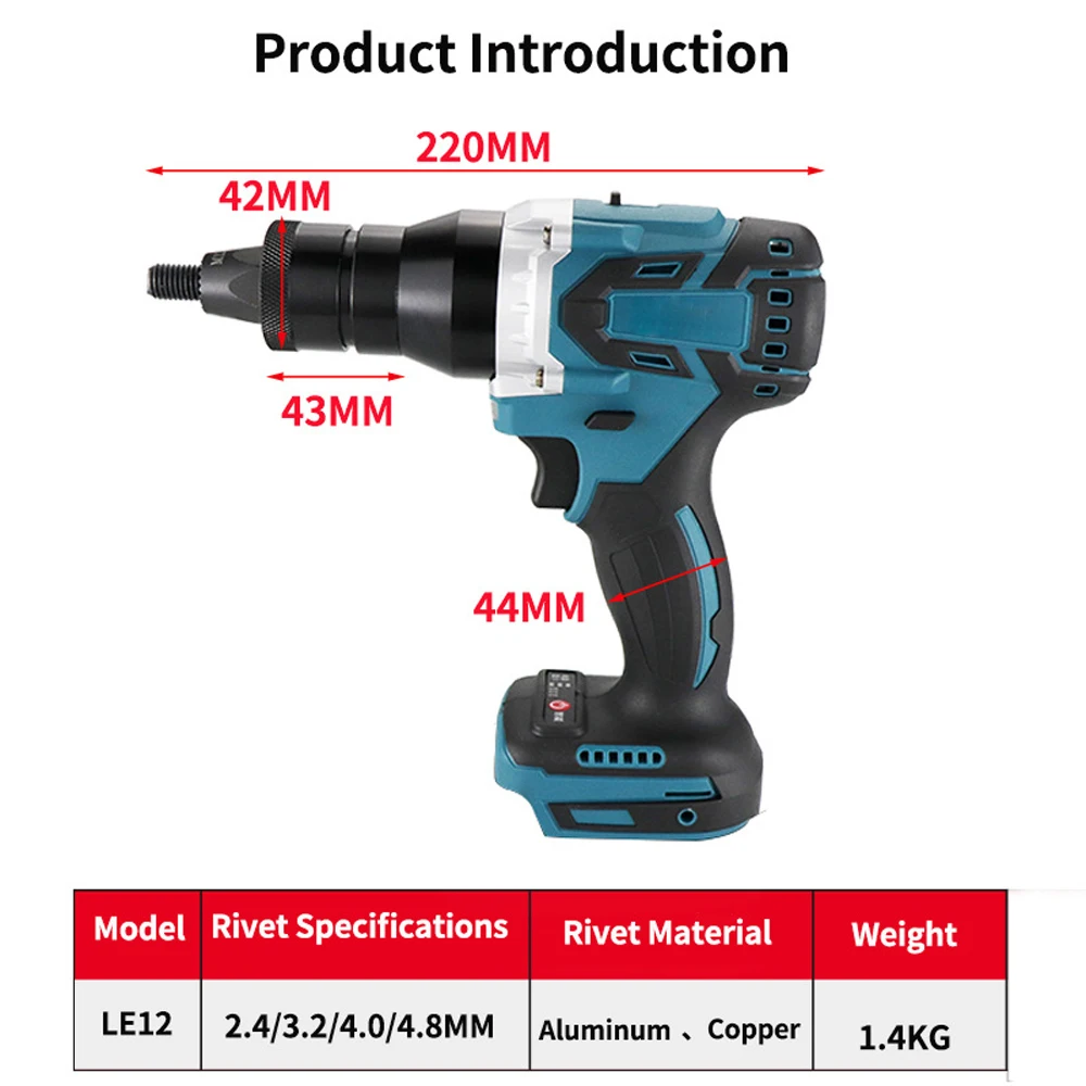 Powerful Brushless Electric Rivet Gun Kit Rechargeable Automatic Rivet Nut Gun Set Riveting Tool Riveter Head M3-M12 for Makita