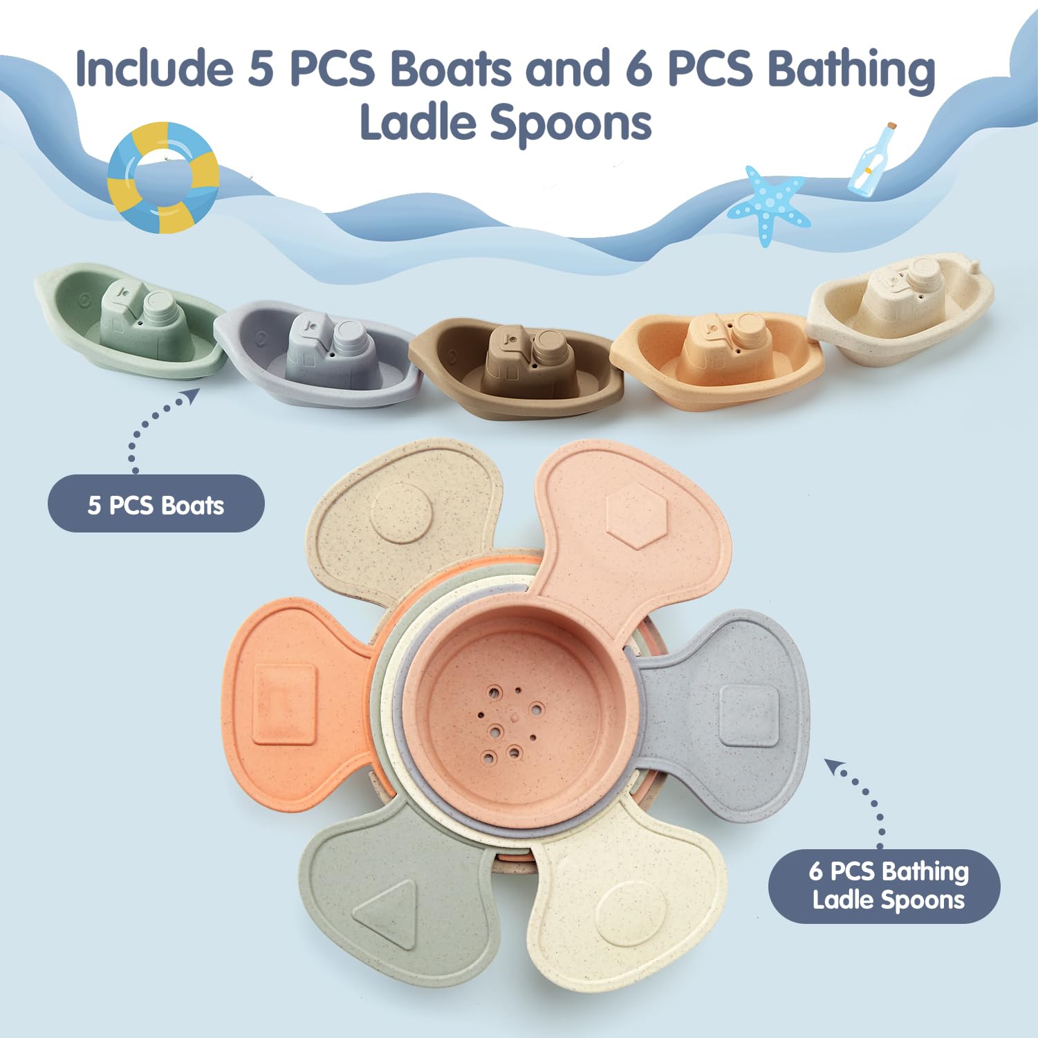 Bath Toys Floating Boats with Bathing Spoon Durable Educational Plastic Stacking Boat for Baby Water Table Toys Birthday Gift