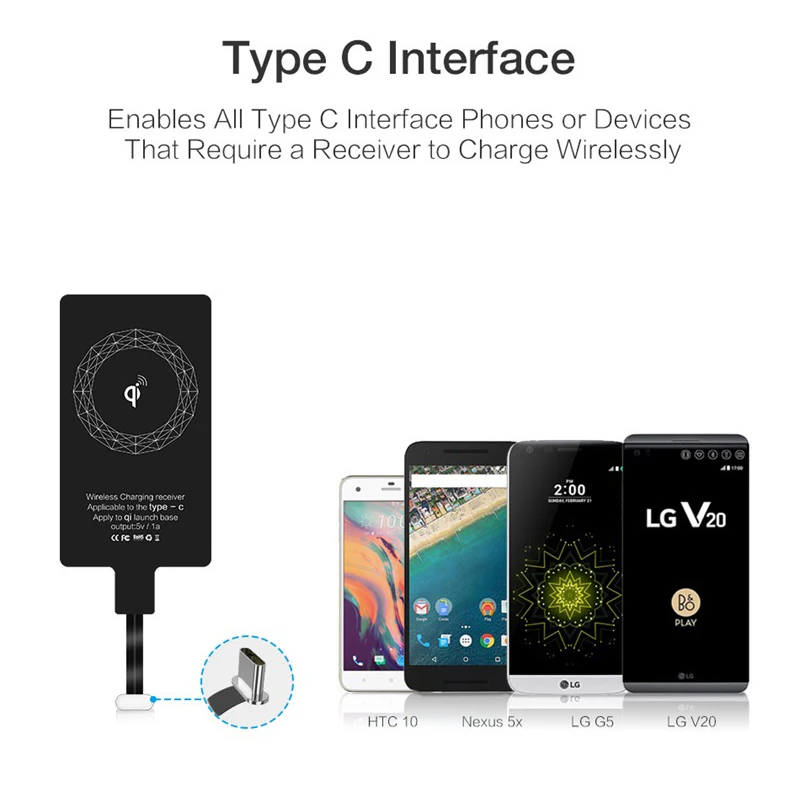 Drahtloser Ladegerät-Empfänger, unterstützt Typ C/Micro-USB/8-polig, schneller kabelloser Ladeadapter für iPhone 7, 6, 5, Android Wireless Charge