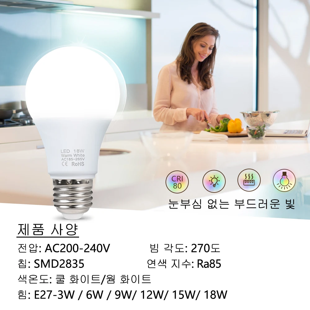 3W 6W 9W 12W 15W 18W LED 전구 램프 E27 Lampada LED 전구 AC 220V-240V 스마트 IC 고휘도 Bombilla 램프 스포트라이트