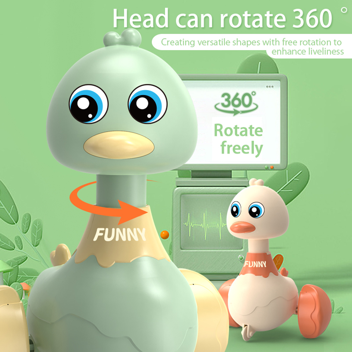 Pressing and rebounding toy, rocking duck baby puzzle toy, learning crawling sensory toy (Green Duck)