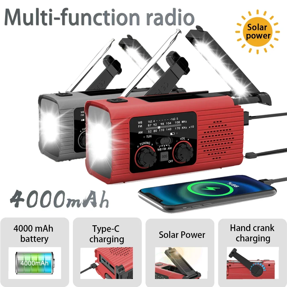 Radio portátil de 4000 mAh para exteriores, linterna de emergencia, alarma SOS, FM/AM, recargable, carga Solar por USB