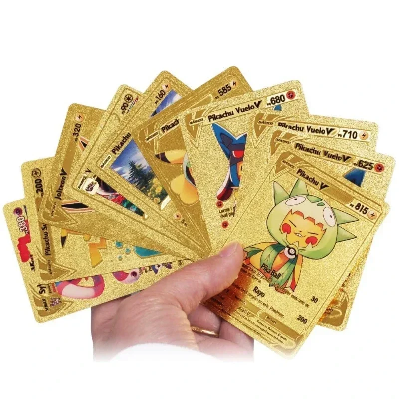 55pcs การ์ด Pokemon ทองเงินสีดํา Pikachu โต๊ะดาดฟ้ากล่องภาษาอังกฤษเยอรมันสเปนฝรั่งเศส Battle การ์ดของเล่นเด็กเกมปาร์ตี้