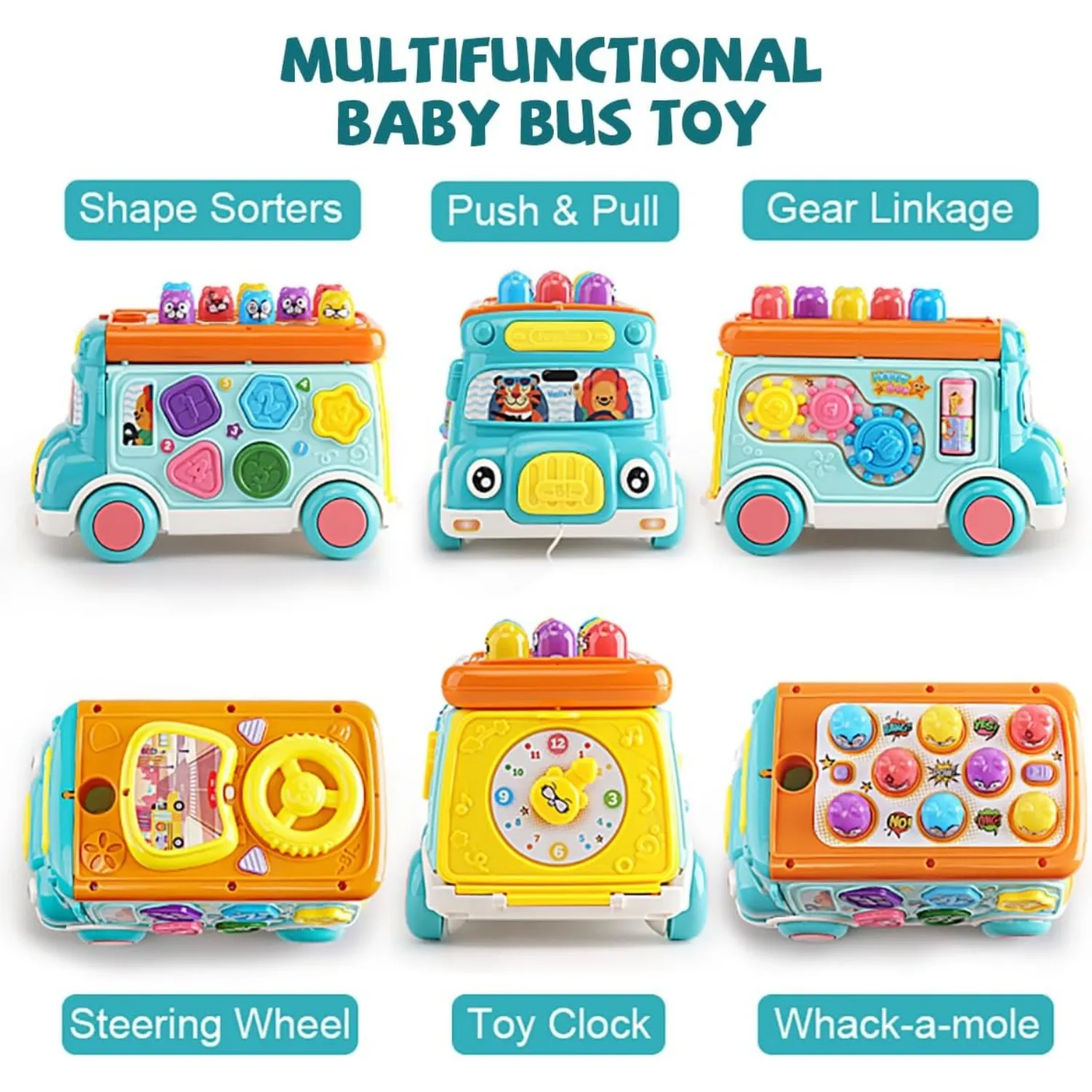 Ônibus para crianças, brinquedo de bebê com som e luz, classificador de formas, brinquedos Whack-a-Mole, jogo interativo, ônibus escolar de desenhos animados para crianças
