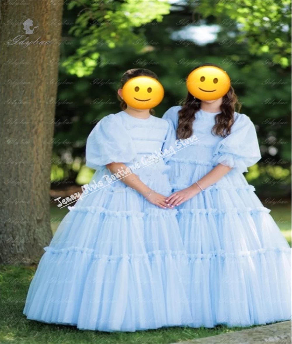 Light Blue Tulle Flower Girl Dresses Half Sleeve Puffy Bridesmaid Girl  For Birthday Prom First Communion Gowns