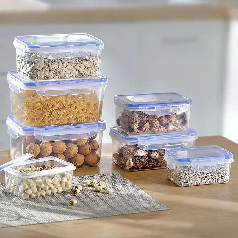 Verzegelde rechthoekige koelkastopbergdoos met deksel Kunststof crisper magnetronverwarmde lunchbox met deksel
