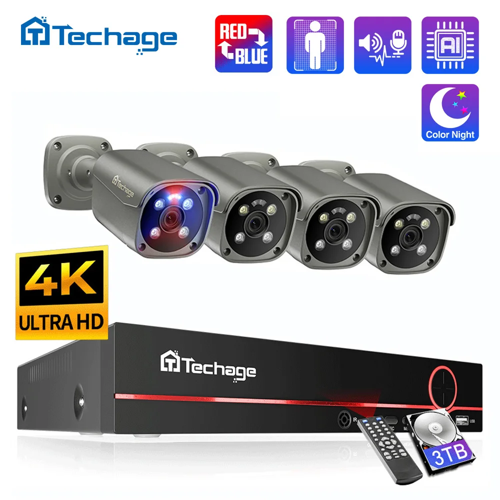 Techage 8CH 5MP 8MP 4K POE Kamerasystem Zwei-Wege-Audio Bunte Nacht Smart AI Gesichtserkennung CCTV Videoüberwachungssystem Set