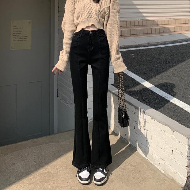ハイウエストブラックデニムパンツ女性のストレートレッグ長ズボン春の新スタイル弾性小型マイクロフレアワイドレッグパンツ