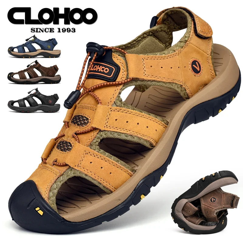 CLOHOO รองเท้าแตะผู้ชาย Handmade หนาด้านล่างยาง Breathable Casual SLIP-ON รองเท้าชายหาดหนังรุ่นอัพเกรด