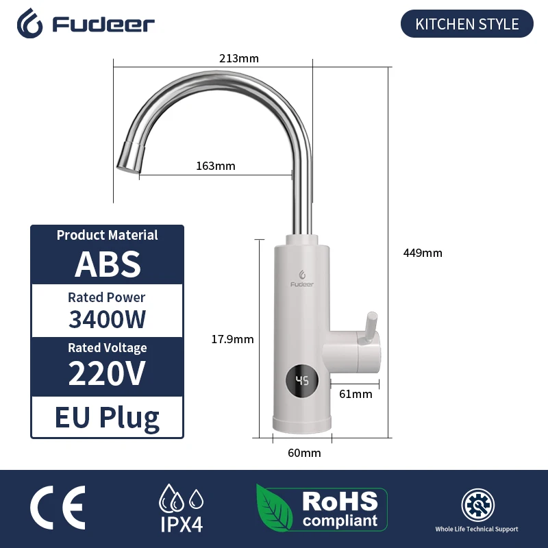 Fudeer 3400W 220V Rubinetto scaldabagno elettrico da cucina Rubinetto istantaneo per acqua calda in acciaio inossidabile Riscaldatore Rubinetto per riscaldamento freddo