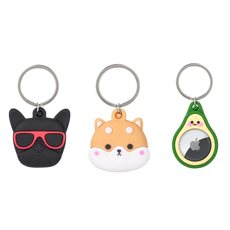 Localizador de fundas para AirTag, bonito y divertido perro de dibujos animados de silicona, aguacate, fresa, localizador de AirTags con llavero