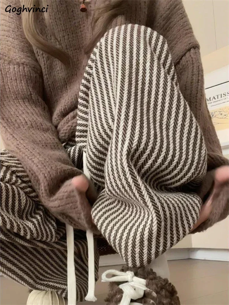 Vintage Gestreiften Woolen Hosen Frauen Einfache Hohe Taille Herbst Winter Beiläufige Breite Bein Hosen Alle-spiel Studenten Harajuku Wischen