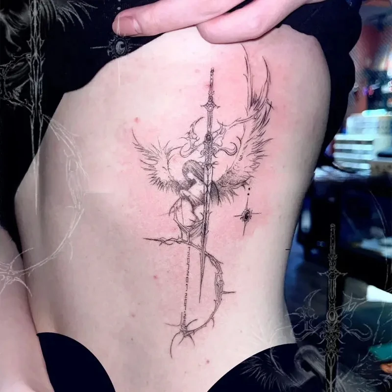 Saint Trial Sword-pegatina de tatuaje a base de hierbas, tatuaje falso de cintura semipermanente de juez de Ángel para mujer y hombre, tatuajes temporales de arte Punk