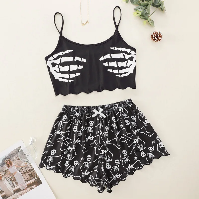 2-teiliges Pyjama-Set für Damen, Nachtwäsche, kurzärmelige Oberteile und Shorts, Anzug mit schwarzem Totenkopf-Aufdruck, belüftet, weicher Komfort, Loungewear