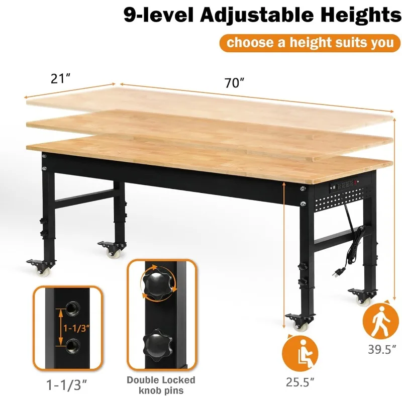 70" Adjustable Workbench on Wheels, 2000 LBS Heavy Duty Work Table with Power Outlets & Pegboard, Rubber Wood Workstation