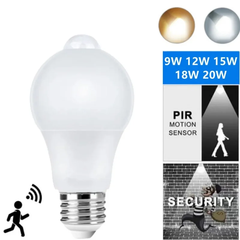Lampadina LED con sensore di movimento PIR E27 12W 15W 18W AC85-265V Sensore di movimento Luce notturna Lampada di emergenza per scale per illuminazione domestica della cucina