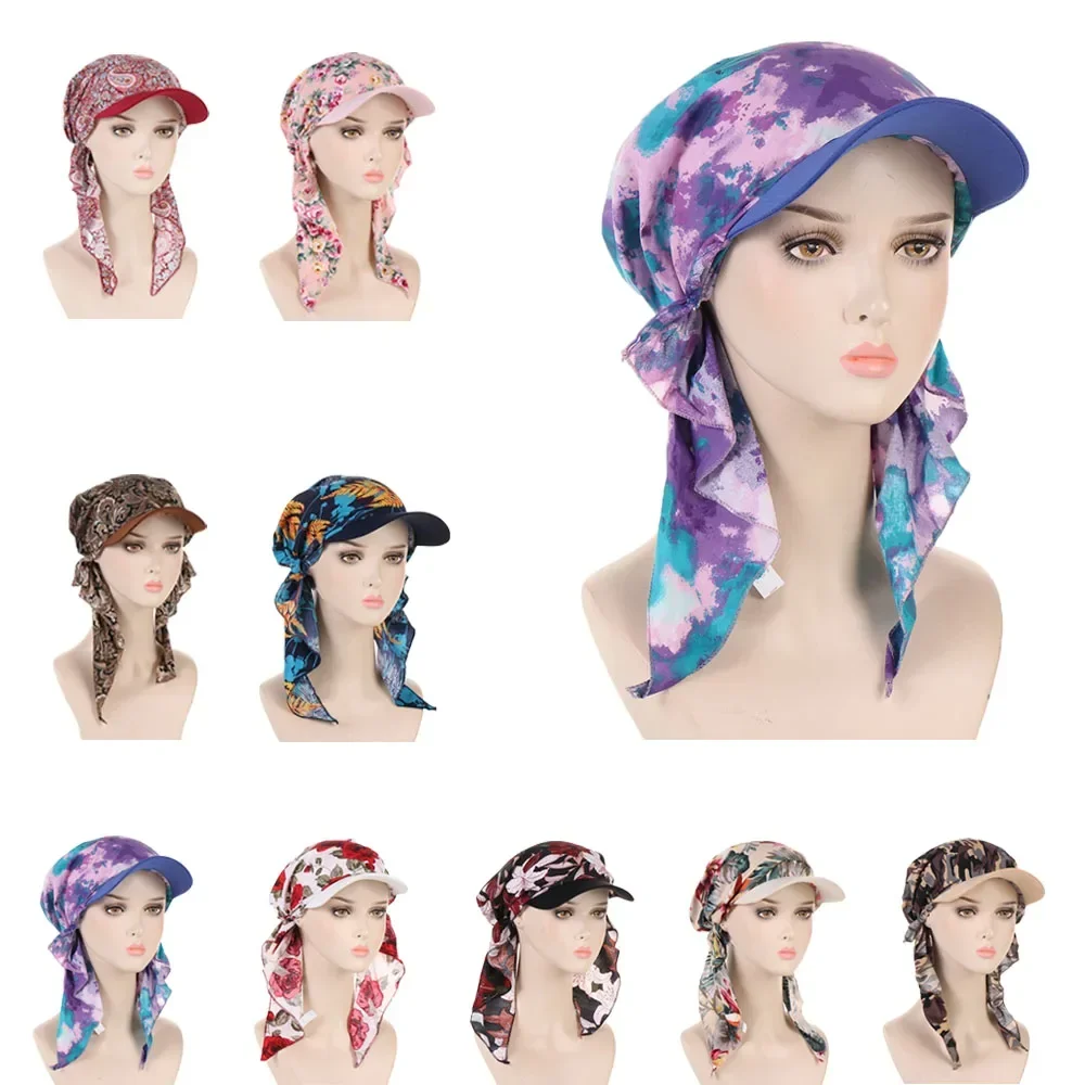 Mode Muslimischen Blumen Druck Hijab Turban Hut für Frauen Visier Baseball Kappe Sonnenhüte Kopftuch Schal Krempe Femme Schals Bandanas