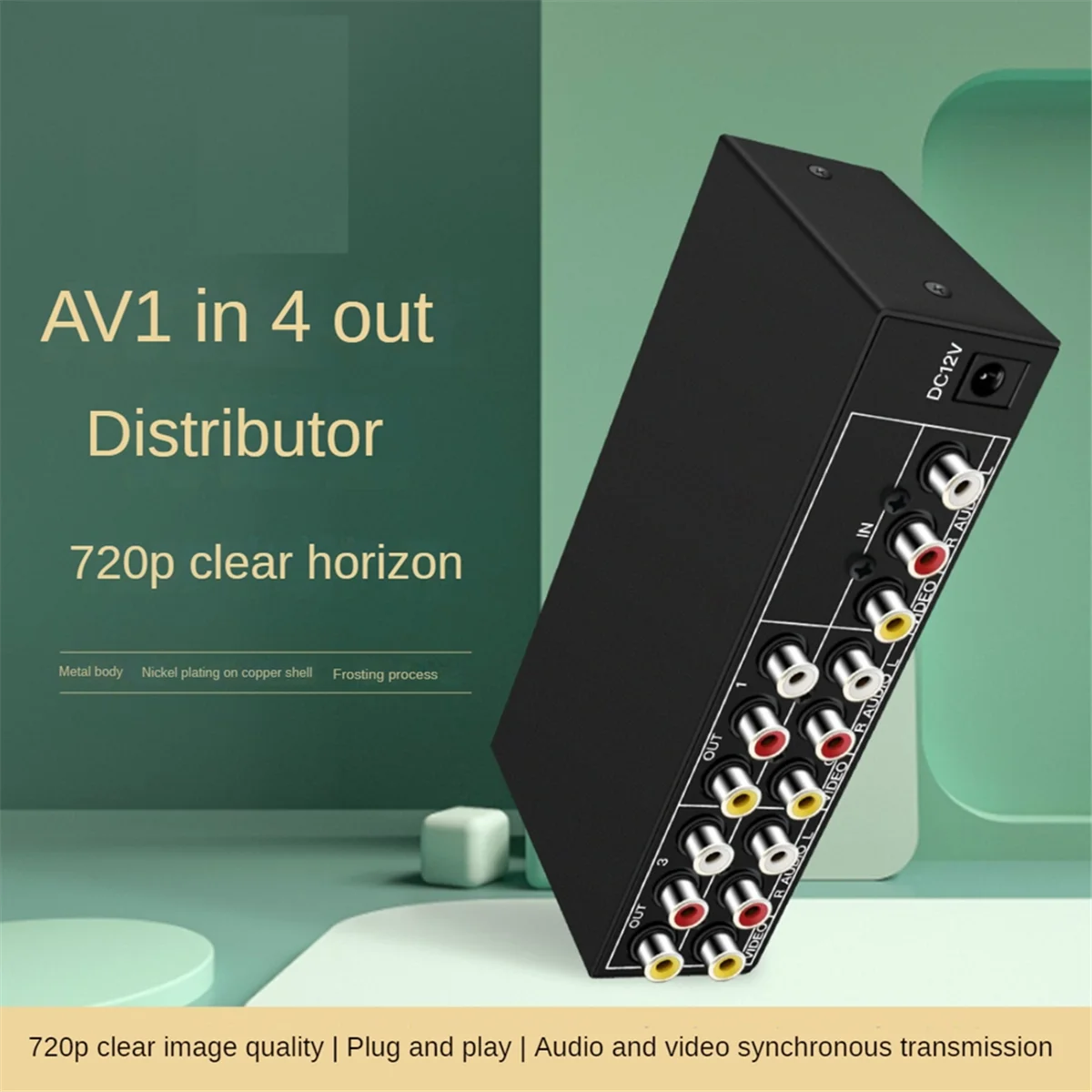 XFDE 4-Way AV Splitter 1 in 4 Out Composite RCA AV Splitter 1X4 Video Audio RCA Splitter Distributor for DVD C-VBS US Plug
