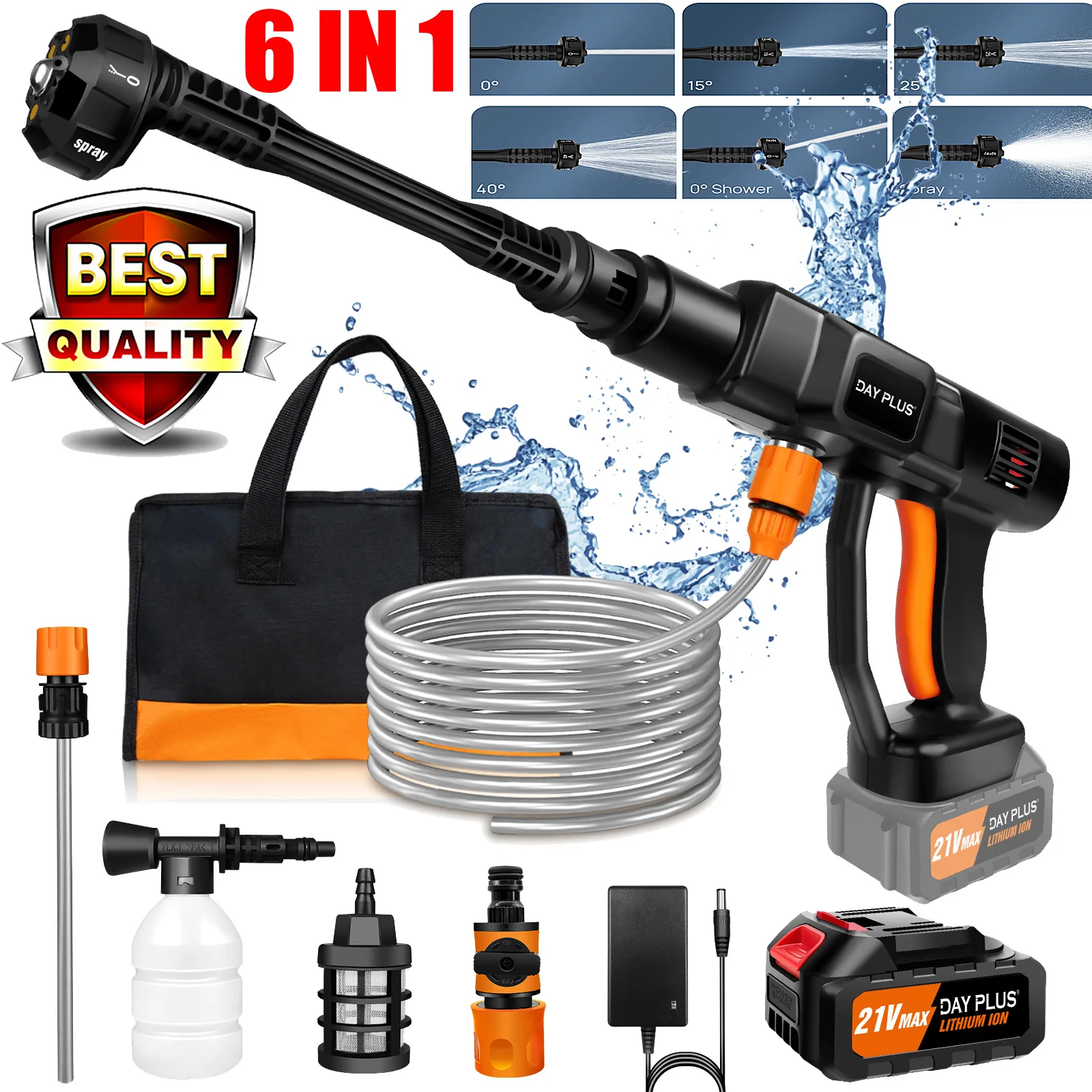 Pistola a spruzzo per pulizia giardino auto efficiente senza fili 6 IN 1 senza spazzole 21V con potente batteria da 3,0 Ah