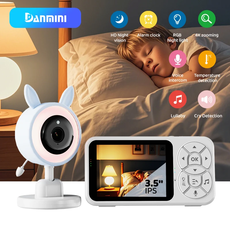 DANMINI nuevo monitor de bebé con luz nocturna RGB de 3,5 "con visión nocturna detección de temperatura intercomunicador de voz cámara de seguridad para niñera bebé
