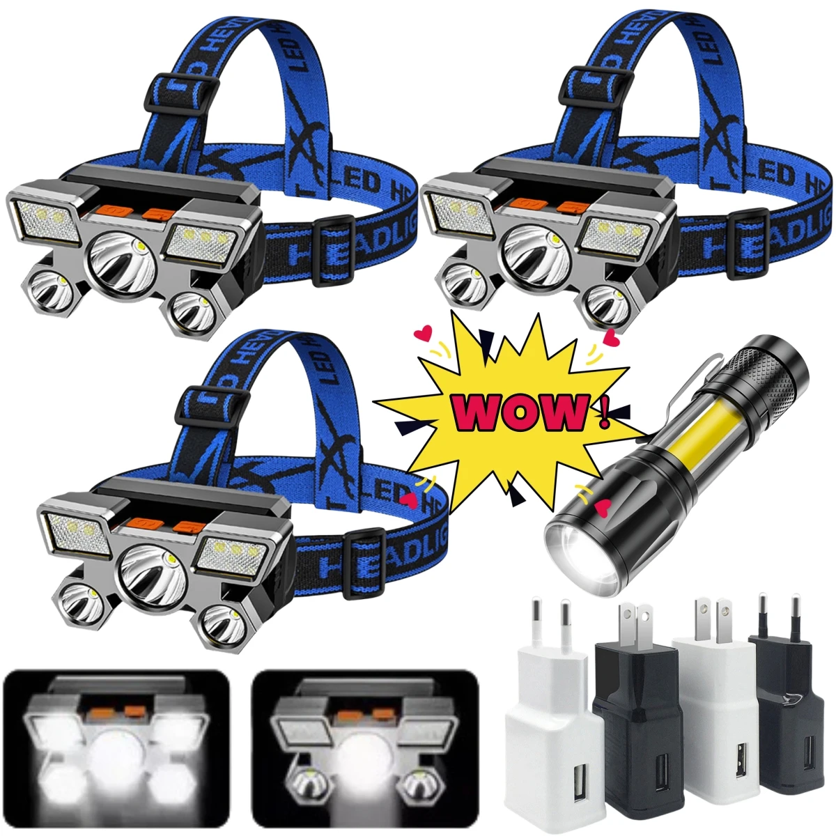 5LED USB Rechargeable Headlamp Portable Headlight Built In Battery Portable Working Light Fishing Camping Head Light For T