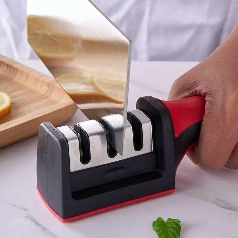 Kitchen 3-Segment Knife Sharpener Household Multi-Functional Hand-Held Three-Purpose Black Sharpening Stone.